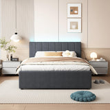 Ball & Cast Full Size Upholstered Platform Bed with Twin Size Trundle & USB Port,Linen Tufted Bed Frame W/Remote Control LED Light & Stripe Headboard,Wood Slats Support for Bedroom,Apartment,Dark Gray Ball & Cast