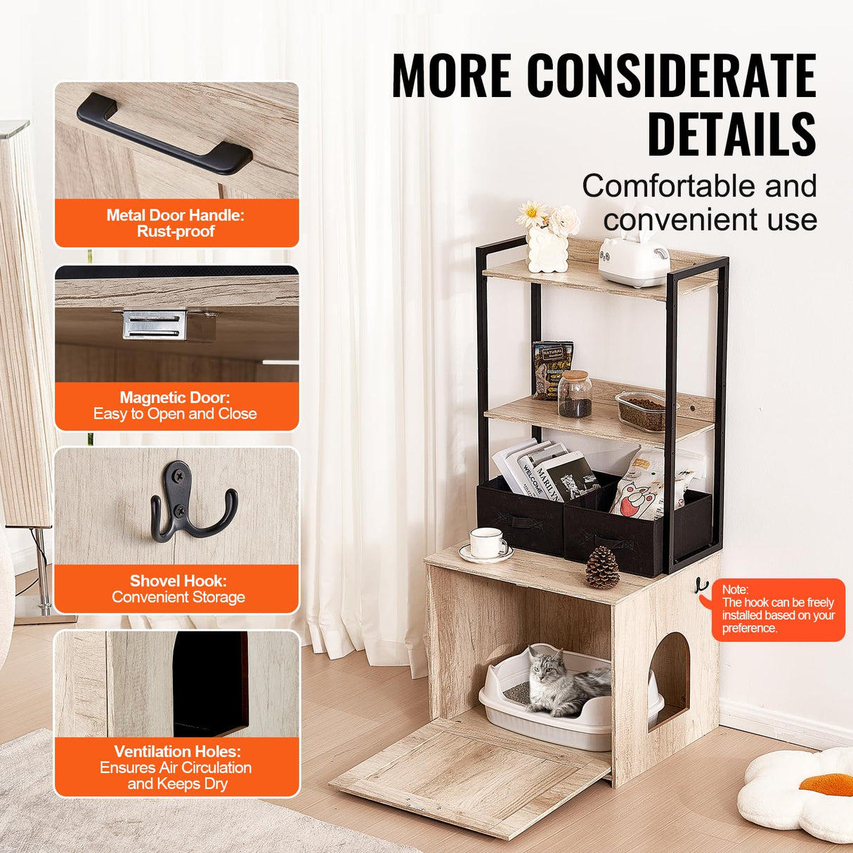 VEVOR Cat Litter Box Enclosure, Hidden Litter Box Furniture with 2 Storage Shelves & 2 Baskets, Wooden Cat Washroom Indoor, Cat House Cabinet Fit Most of Litter Box, 23.6"L x 19.7"W x 50"H, Natural VEVOR