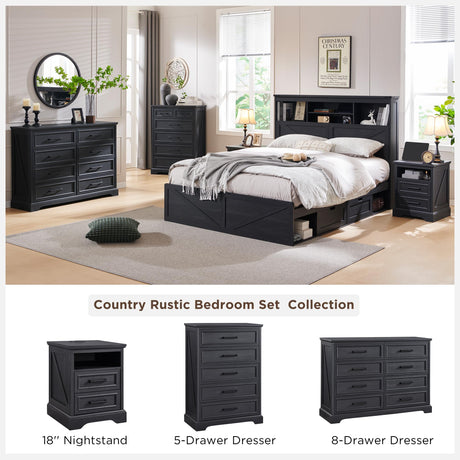 ACCOHOHO 18" Farmhouse Nightstand with Charging Station,End Table with 2 Drawers Storage,Side Table,Bedside Cabinet for Bedroom,Living Room,Black ACCOHOHO