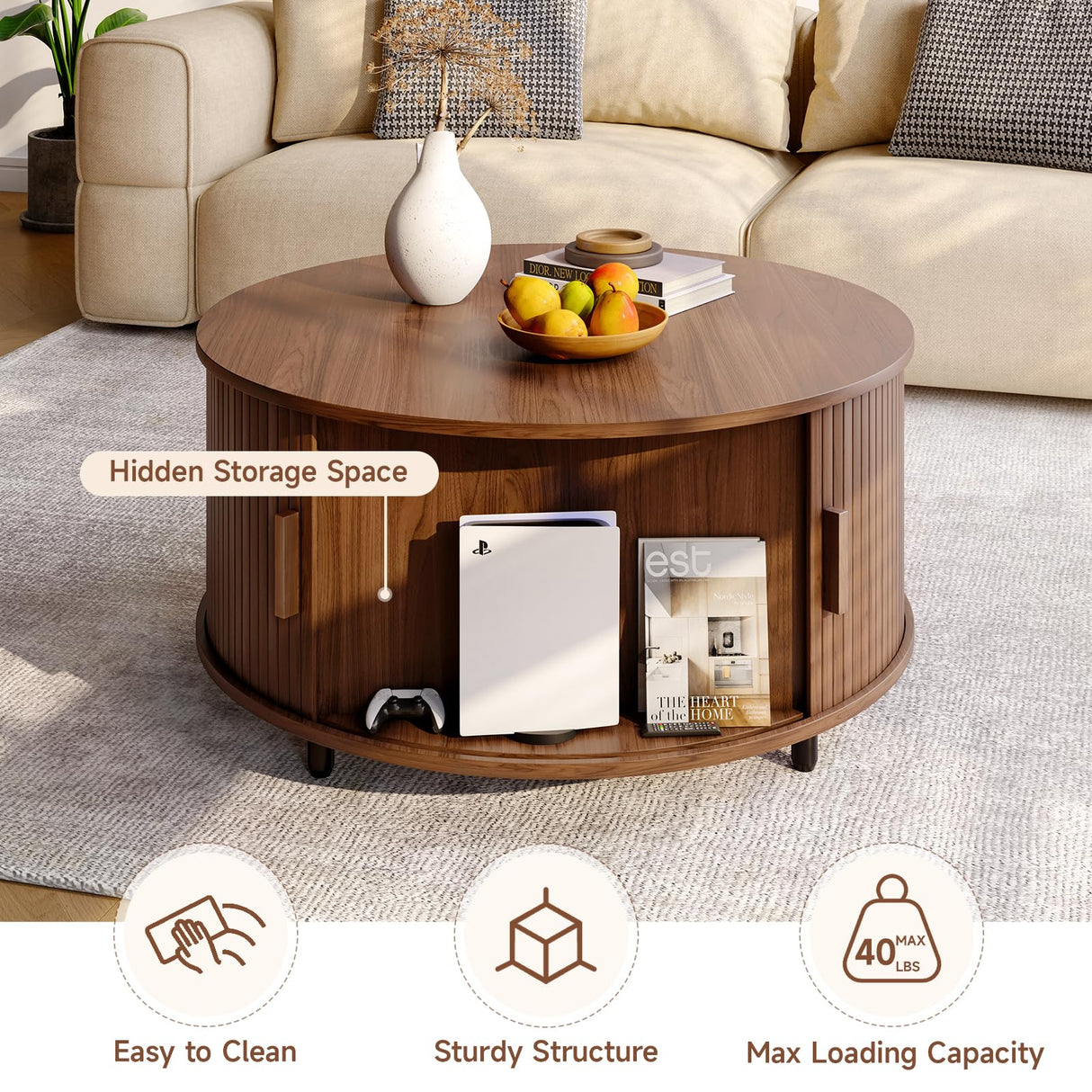 ONBRILL Round Coffee Table with Storage, 31.5" Modern Coffee Table with 360° Curved Sliding Door, Fluted Wood Accent Coffee Table with Adjustable Footpads, Round Center Table for Living Room, Walnut ONBRILL