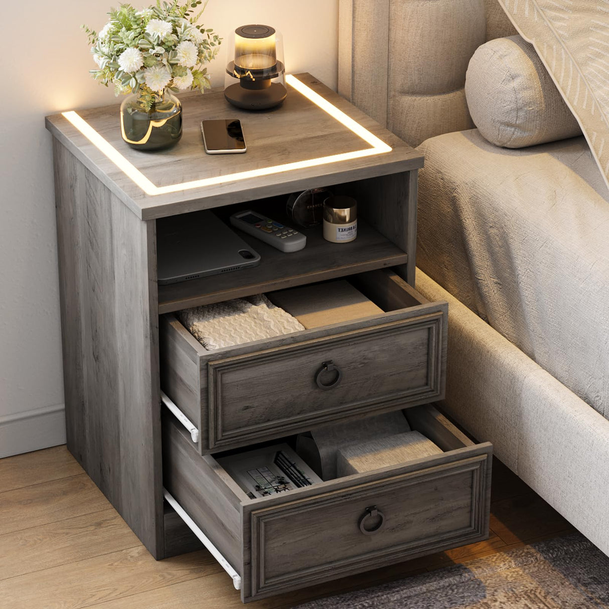 Night Stand Set of 2, Nightstands with LED Light, End Table Bedside Table with Wood Drawers, for Living Room, Bedroom, Sofa, Gray HolliWill