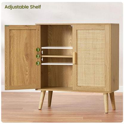 Iwell Storage Cabinet, Rattan Cabinet with Adjustable Shelf & Doors, Buffet Cabinet with Storage, Accent Cabinet for Living Room, Kitchen, Entryway, Natural