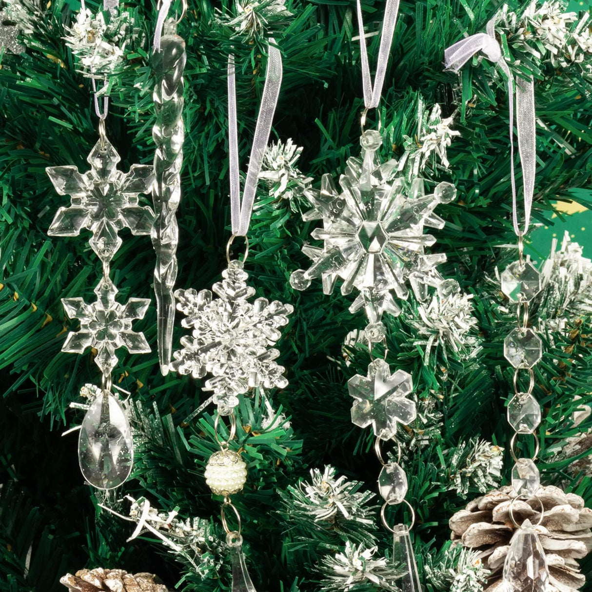 18pcs Christmas Tree Decoration Crystal Ornaments - Hanging Acrylic Christmas Snowflake Icicle Drop Crystal Ornaments for Xmas Tree Winter New Year Party Supplies OuMuaMua