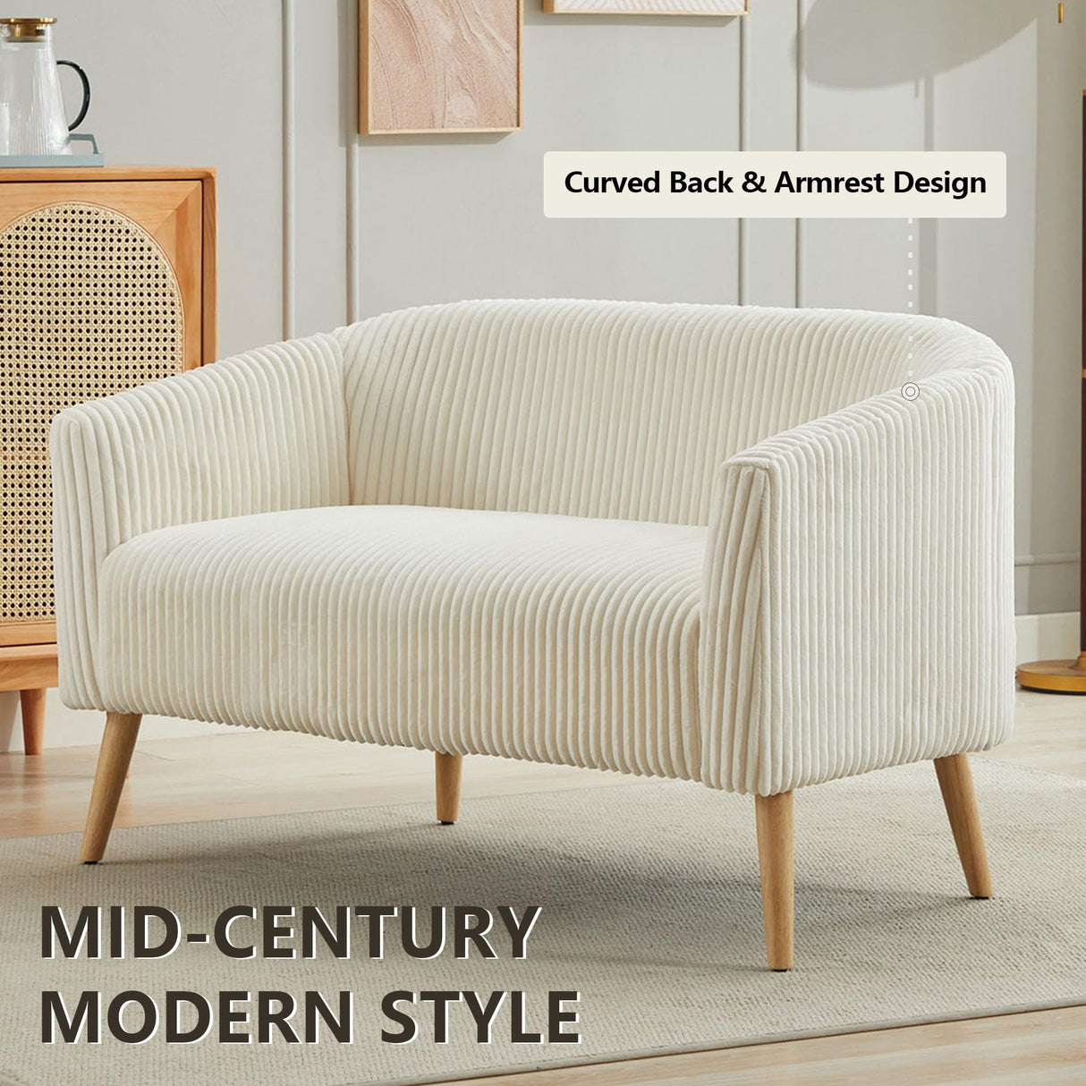 Nahenduo Corduroy Loveseat Sofa and Small Couch for Bedroom, 2 Seater Mini Couch for Small Rooms, 51" W Wood Legs, Comfy Foam+Spring (Ivory White) Nahenduo