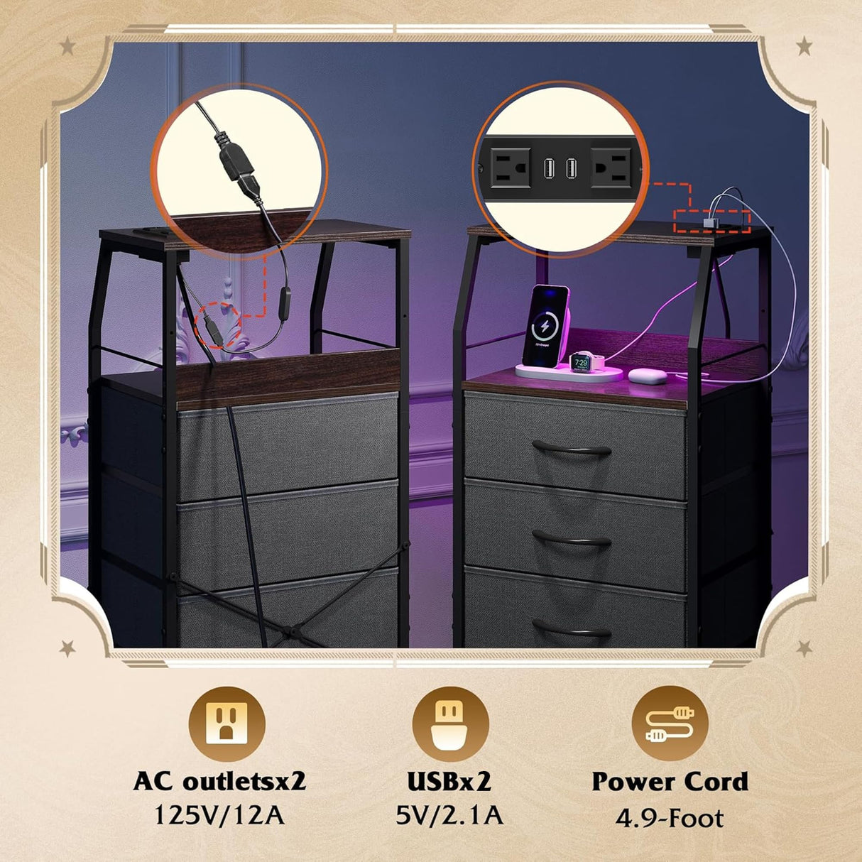 WLIVE Nightstand with Charging Station, Night Stand with LED Light, Tall 4 Drawer Dresser for Bedroom, 37" H Bedside Table with Fabric Storage Bins, Open Wood Shelf, Metal Frame, Dark Grey WLIVE