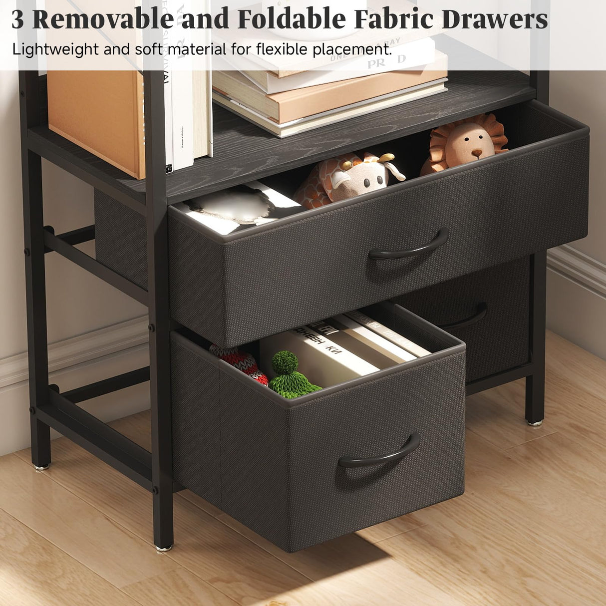 Turosur Arched Bookshelf with 3 Drawers & LED Lights, 83" Tall Narrow Bookcase with Open Shelves, 6 Tier Industrial Bookshelf for Living Room, Bedroom, Study, Black Turosur