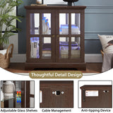 lunhung 2 Door Curio Display Cabinet with LED Light & Adjustable Shelves, 30" Tableware Display Sideboard w/Mirrored Back Pane, Modern Glass Display Storage Cabinet for Kitchen & Living Room (Cherry) lunhung