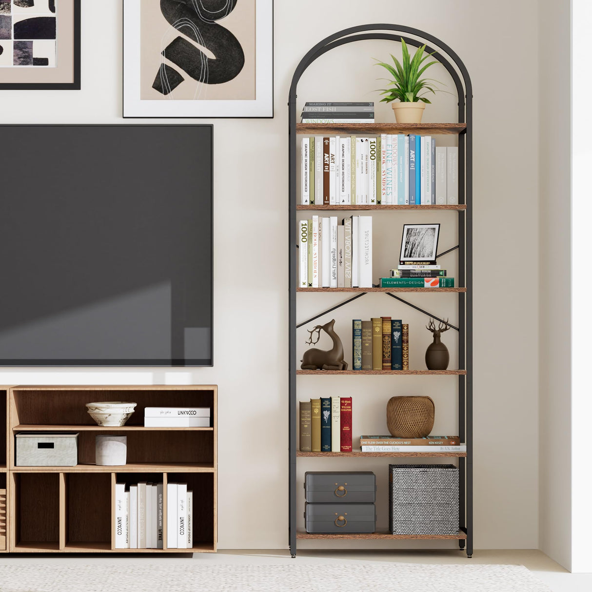Homhedy 6-Tier Bookshelf Arched Display Racks, Wood and Metal Bookcase, Tall Bookshelf, Industrial Display Standing Shelf Unit, for Home Office, Living Room, Bedroom, Bathroom, Rustic Brown Homhedy