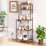 HOOBRO Kitchen Bakers Rack with Power Outlets, 5-Tier Microwave Stand, Coffee Bar with S-Shaped Hooks, Kitchen Storage Shelf Rack for Living Room, Dining Room, Rustic Brown and Black BF80UHB01 HOOBRO