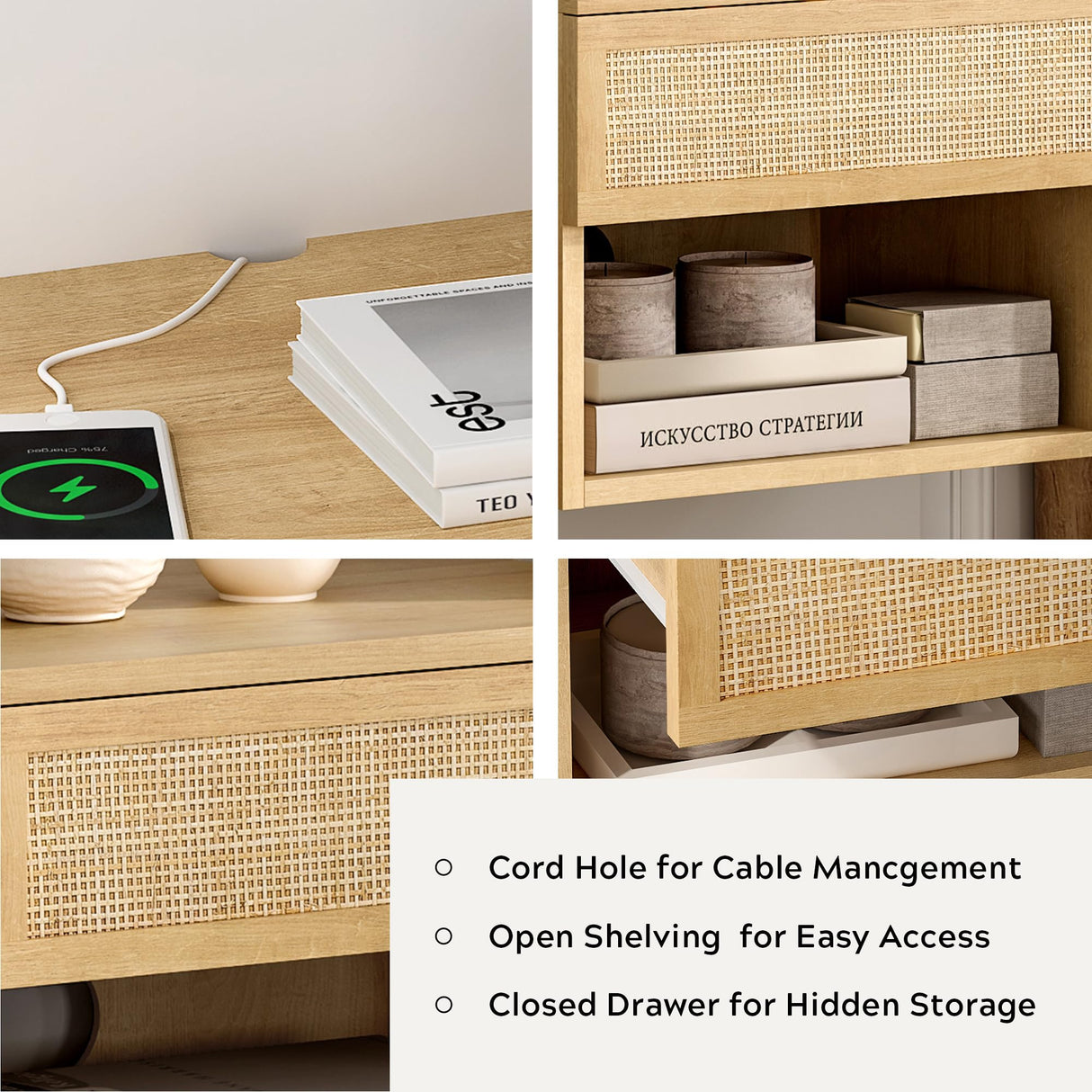 MoomJiee Rattan Floating Nightstands Set of 2, Wall Mounted End Table with Drawer and Open Compartment Modern Wood Bedside Night Stand Storage Cabinet for Bedroom Living Room, Natural Oak MoomJiee