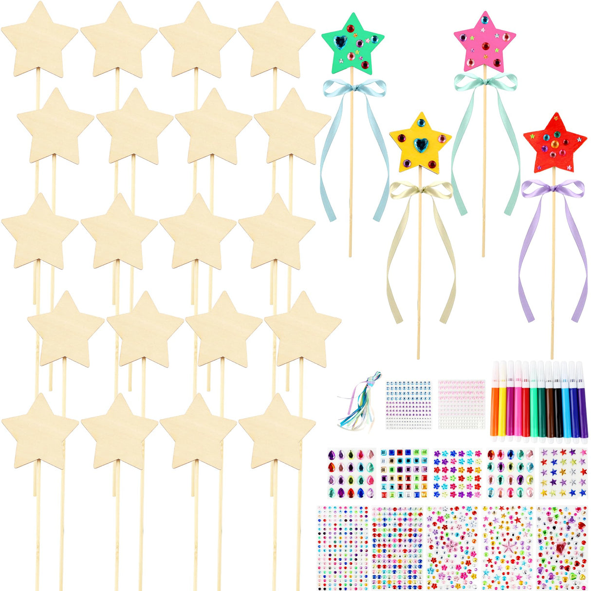 72 Pcs Unfinished Star Princess Fairy Wands Kit Make Your Own Princess Wand DIY Art Craft Magical Wand Include 24 Star Wooden Fairy Wands 12 Gem Stickers 24 Ribbons 12 Markers for Kids Party Supplies Feradny