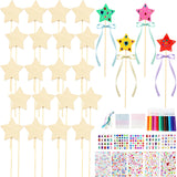 72 Pcs Unfinished Star Princess Fairy Wands Kit Make Your Own Princess Wand DIY Art Craft Magical Wand Include 24 Star Wooden Fairy Wands 12 Gem Stickers 24 Ribbons 12 Markers for Kids Party Supplies Feradny
