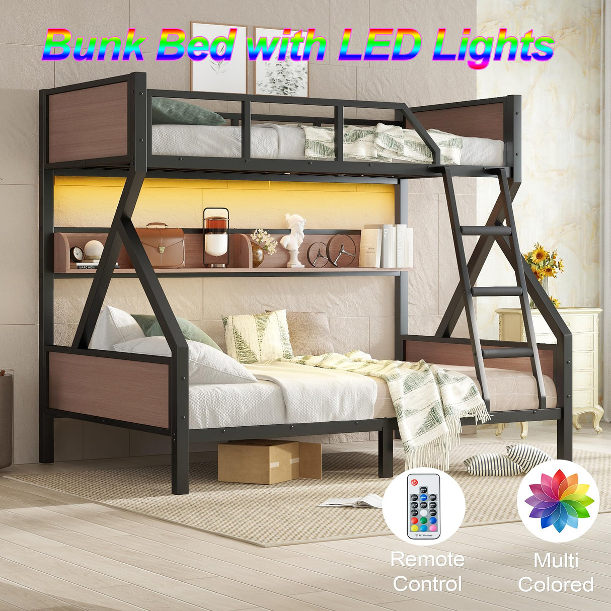 Twin Over Full Size Bunk Bed with Storage Shelves and LED Lights,Heavy Duty Adult Bunk Beds with Angled Ladder,Metal Bunk Bed Twin Over Full,Black Bellemave