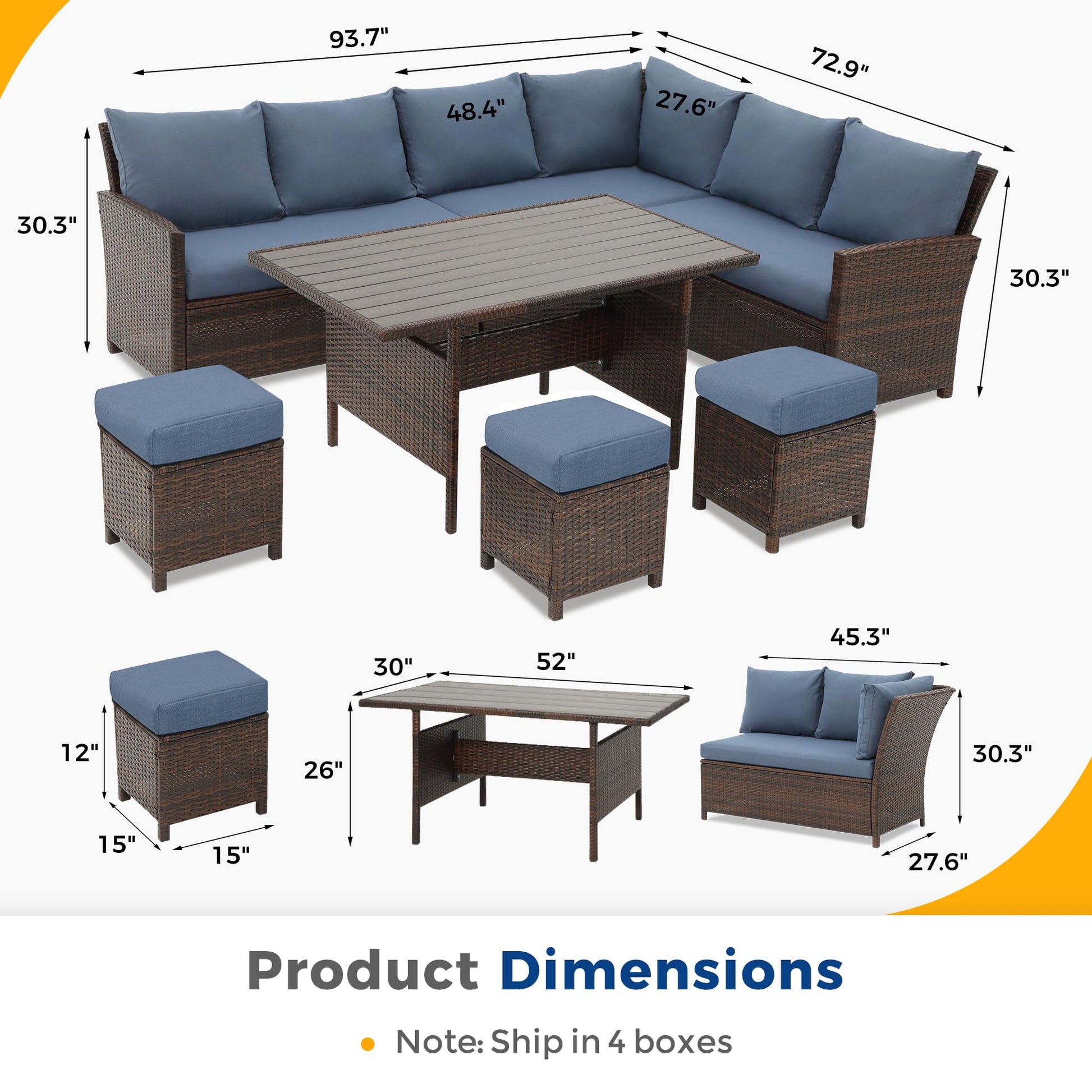 Wisteria Lane Patio Furniture Set, 7 Piece High Curved Back Outdoor Dining Sectional Sofa with Dining Table and Chair, All Weather Wicker Conversation Set with Ottoman, Blue - WoodArtSupply