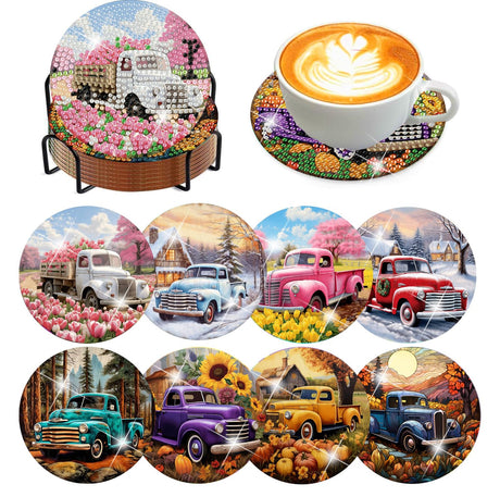 8 Pcs Diamond Art Coasters Kits - All Season Diamond Painting Coasters with Holder Cork Pads DIY Truck Art Dots Painting Set for Adults Beginners Crafts Meothan