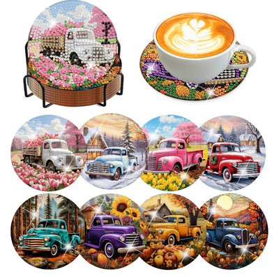 8 Pcs Diamond Art Coasters Kits - All Season Diamond Painting Coasters with Holder Cork Pads DIY Truck Art Dots Painting Set for Adults Beginners Crafts