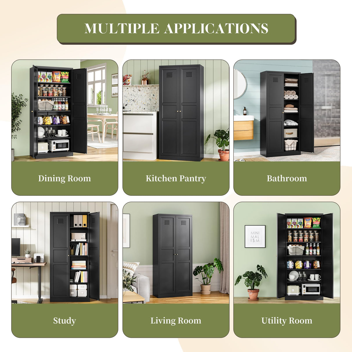 RAVIGIN Metal Storage Cabinet,71" H Pantry Cabinet with 2 Doors and 5 Adjustable Shelves,6 Tier Tall Kitchen Storage Cabinets for Kitchen,Pantry,Living/Study/Laundry Room(Black) RAVIGIN