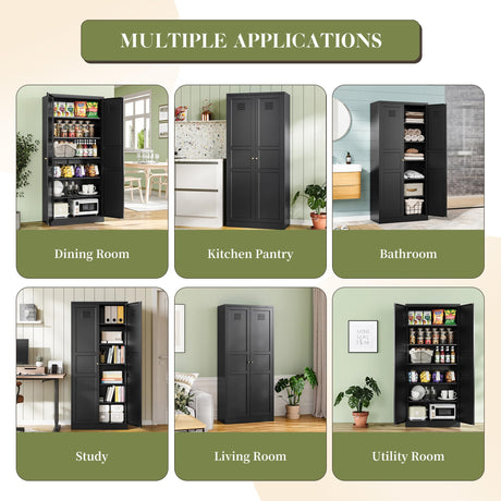 RAVIGIN Metal Storage Cabinet,71" H Pantry Cabinet with 2 Doors and 5 Adjustable Shelves,6 Tier Tall Kitchen Storage Cabinets for Kitchen,Pantry,Living/Study/Laundry Room(Black) RAVIGIN
