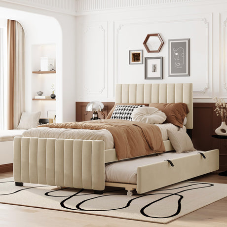 Merax Twin Size Velvet Upholstered Platform Bed, Wood Bed Frame with Twin Size Trundle, Beige Merax