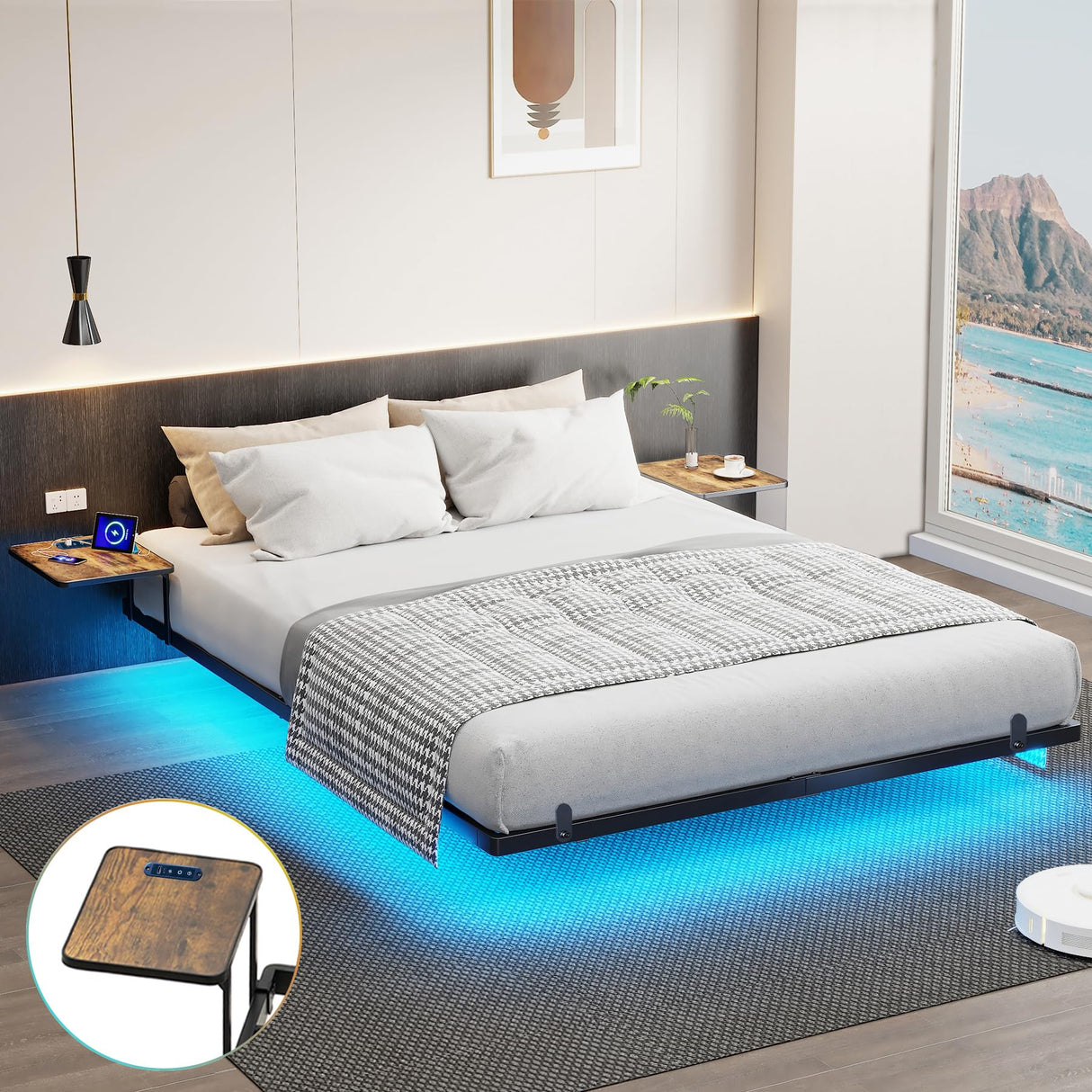Bigu Floating Bed Frame King with Bedside Tables, Charging Station and LED Lights Metal Platform, Black Bigu