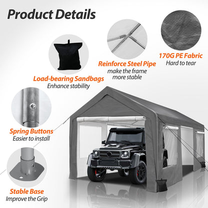 QZEN Carport 10x20ft Portable Garage, Heavy Duty Car Canopy with Roll-up Ventilated Windows & Side Doors, Car Port for SUV, F150, Car, Truck, Boat (10' x 20'Grey and White)