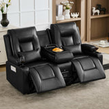 URRED Manual Reclining Loveseat Sofa with Console, Double Recliner RV Couch with Bluetooth Speakers, USB & Power Outlet, Cup Holders, Pillow and Side Pocket, for Home Theater, Faux Leather, Black URRED