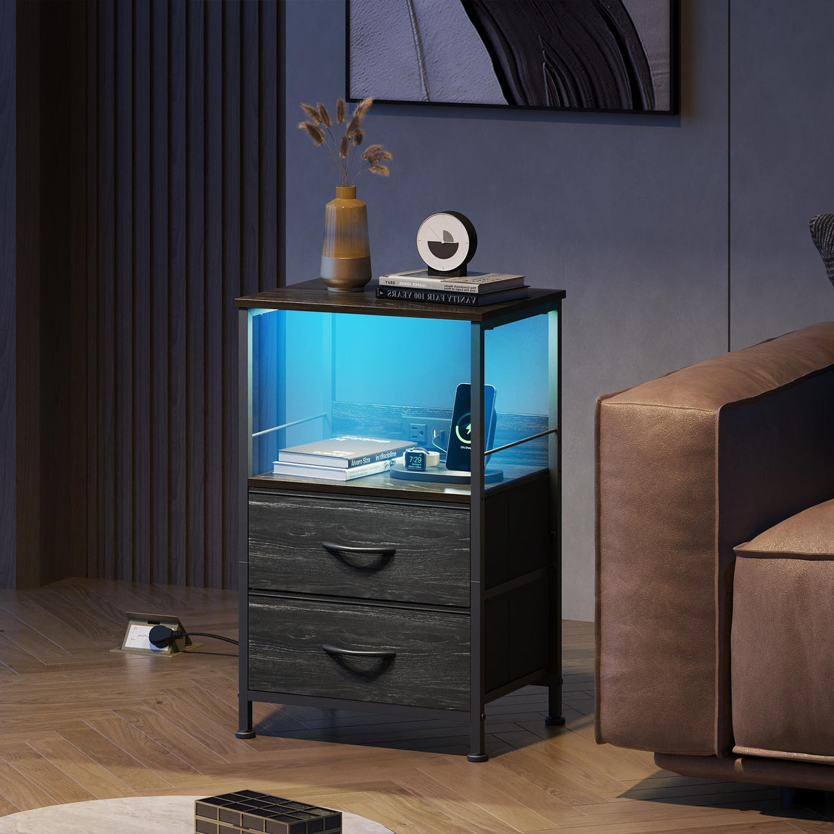 WLIVE Night Stand with Charger Station, LED Nightstand for Bedroom, Small Dresser with 2 Fabric Drawers for Small Spaces, Bed Side Table, Charcoal Black and Wood Grain Print WLIVE