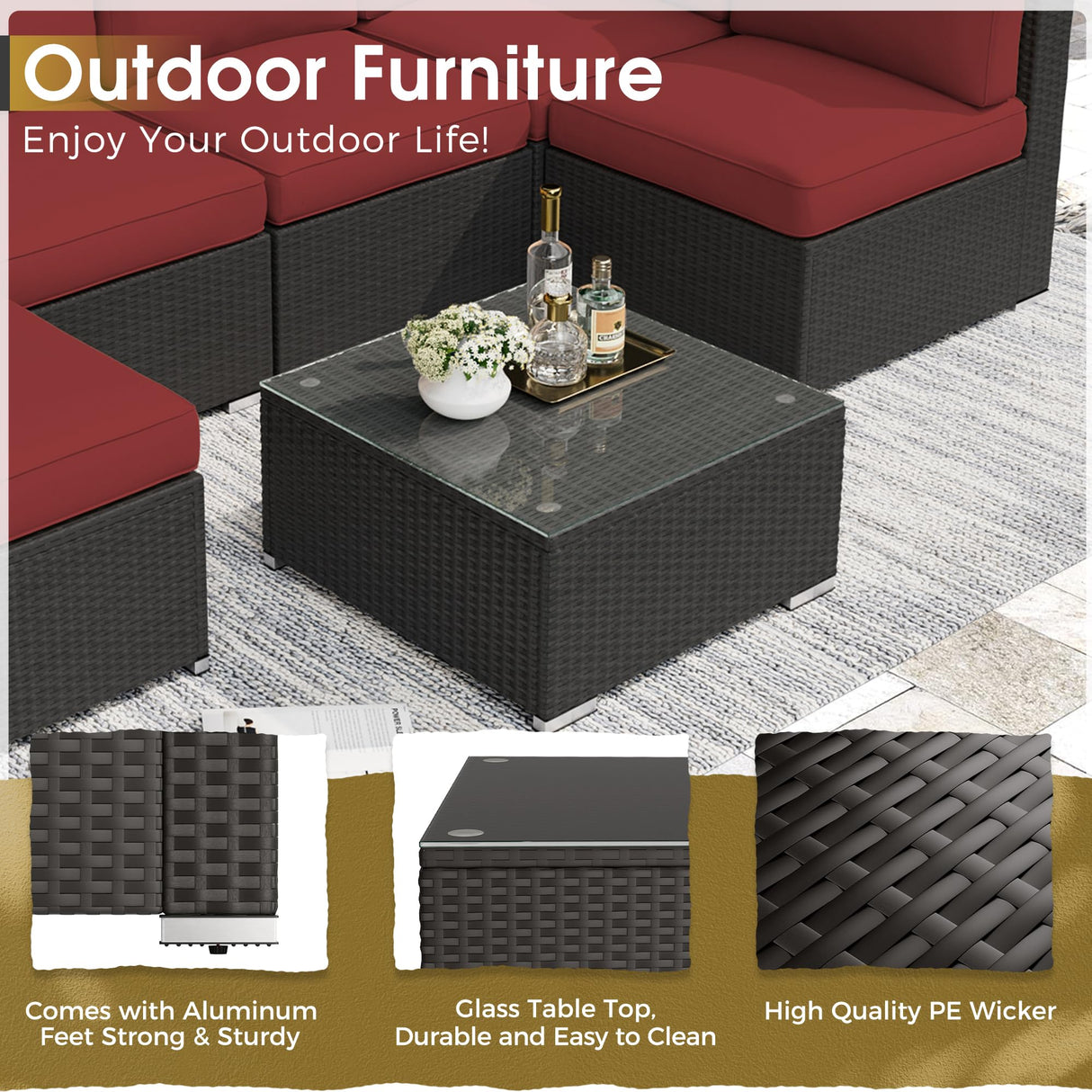 Crownland 7 Pieces Outdoor Patio Furniture Sets, All-Weather Black Wicker Rattan Sectional Sofa, Modern Glass Coffee Table and Washable Seat Cushion with Zipper(Red) Crownland