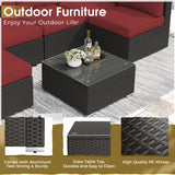 Crownland 7 Pieces Outdoor Patio Furniture Sets, All-Weather Black Wicker Rattan Sectional Sofa, Modern Glass Coffee Table and Washable Seat Cushion with Zipper(Red) Crownland