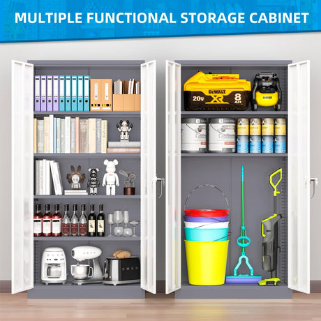 Superday Metal Storage Cabinets, 72" Storage Cabinet with Locking Door, Tall Garage Cabinet with 2 Doors and 4 Adjustable Shelves for Home Office, Classroom, Easy Assemble(White Grey) Superday