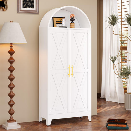 GAIOUS 73" Tall Metal Arched Kitchen Pantry Cabinet, Modern Farmhouse Storage Cabinets with 2 Doors & 4 Adjustable Shelves, 6-Tier Cupboard with Open Storage Area, Versatile Bookcase/Hutch-White GAIOUS
