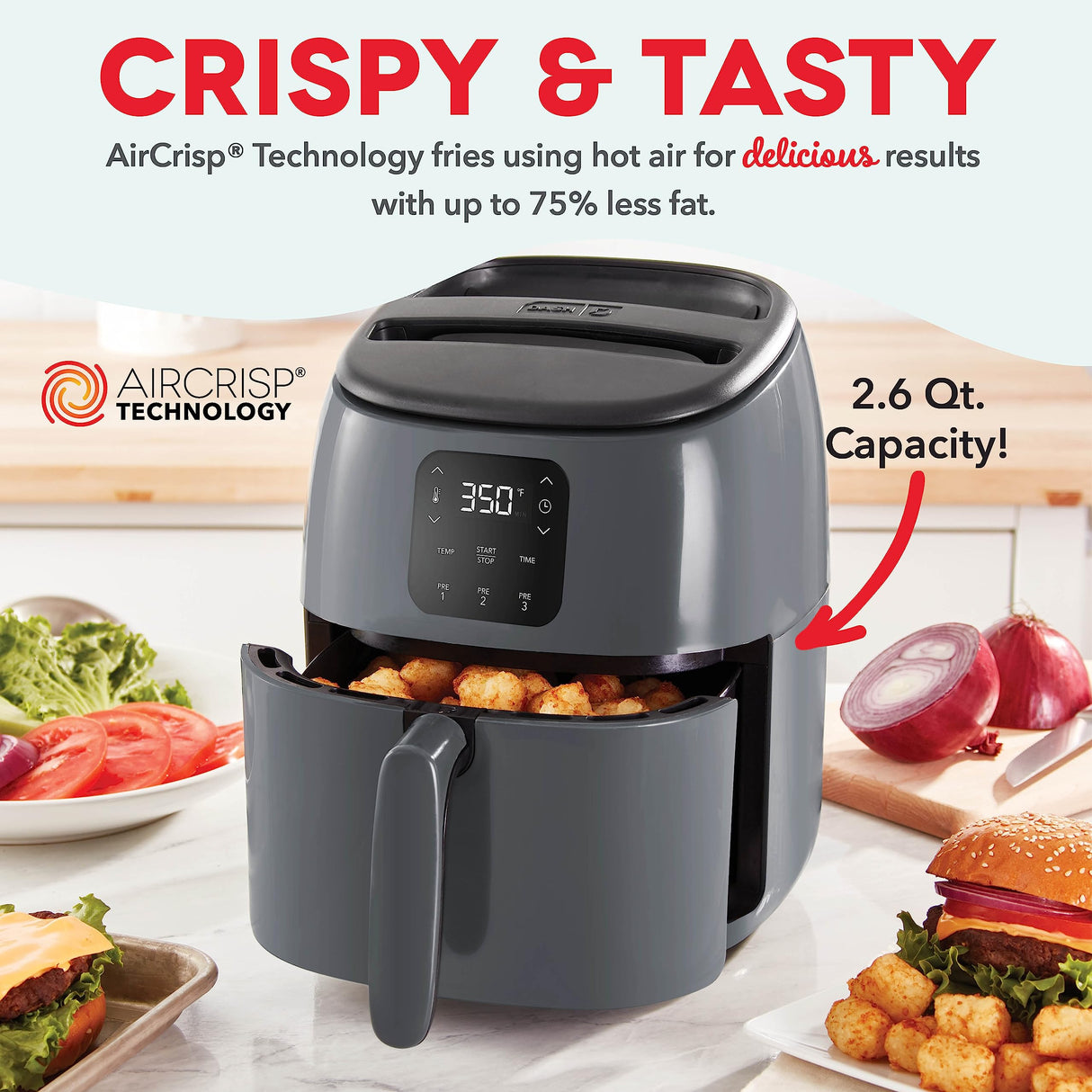 DASH Tasti-Crisp™ Electric Air Fryer Oven, 2.6 Qt., Grey – Compact Air Fryer for Healthier Food in Minutes, Ideal for Small Spaces - Auto Shut Off, Digital, 1000-Watt DASH