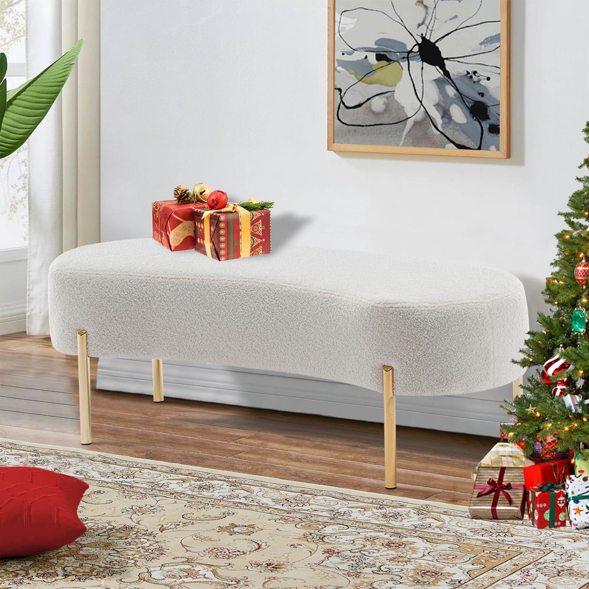 ALISH Upholstered Bench Modern Ottoman Bench Bed Bench Entryway Bench with Gold Legs for Living Room, Bedroom White ALISH