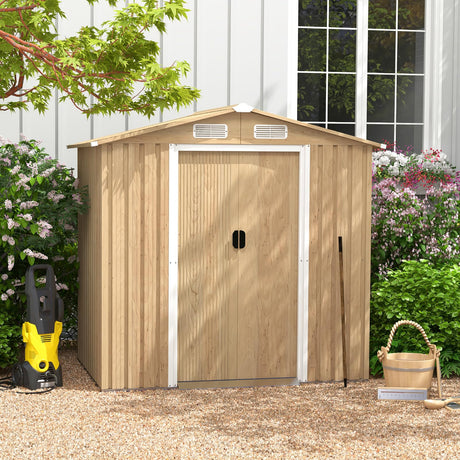 Goplus 6' x 4' Woodgrain Outdoor Storage Shed, Galvanized Metal Tool House Organizer w/ 4 Vents, Lockable Doors, Waterproof Garden Sheds & Outdoor Storage for Backyard, Lawn, Patio, Natural Goplus