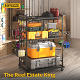 SOYEEZE Large Size Fishing Rod Holders for Garage, Heavy Duty 3-Tier Fishing Pole Rack Holds Up to 12 Rods, Fishing Gear Organizer with 2 Metal Baskets, Fishing Storage Cart with Lockable Wheels SOYEEZE