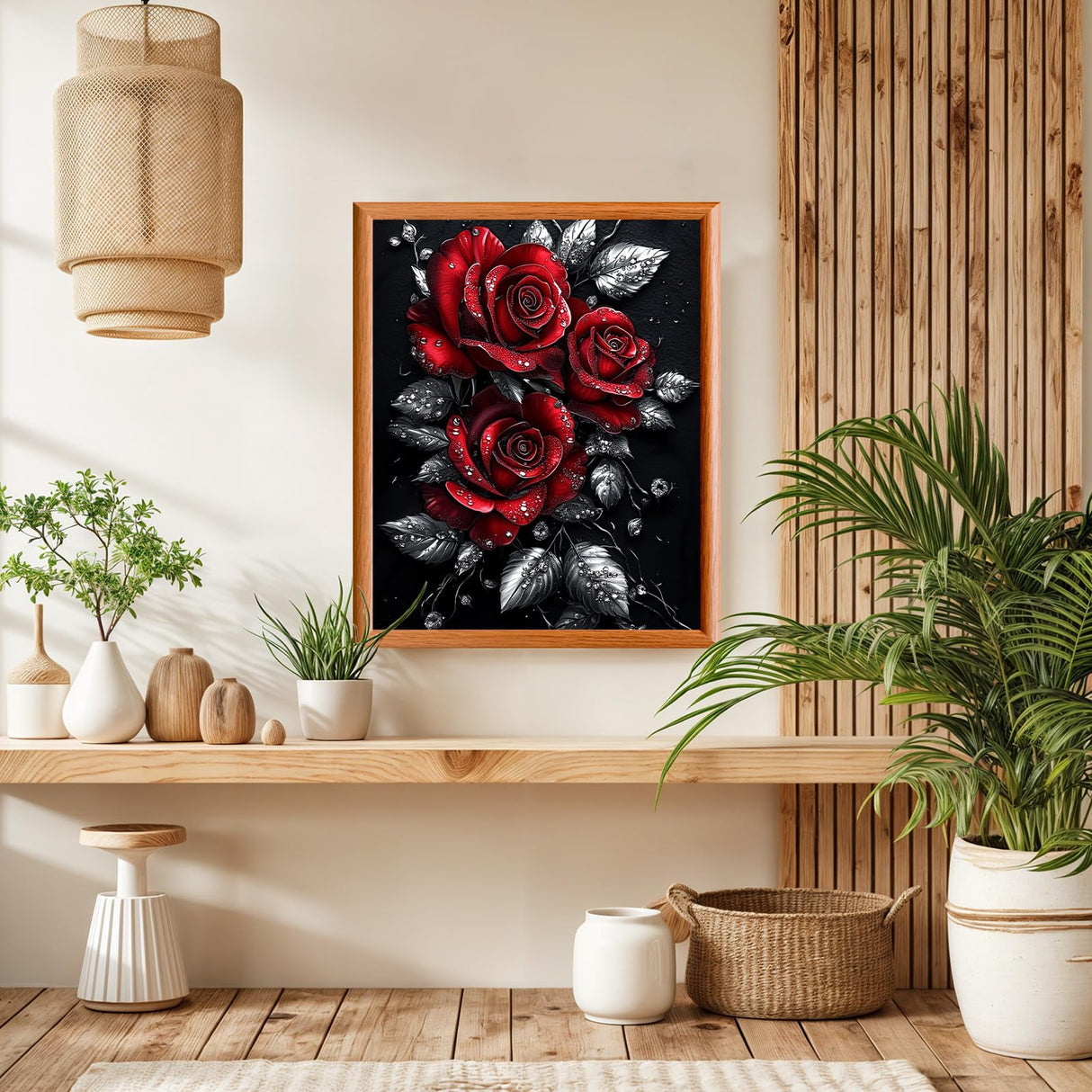 Lxmsja Red Roses Paint by Numbers Kit for Adults, Silver Leaves Acrylic Paint by Numbers for Adults Beginner, DIY Craft Supplies Oil Painting Kits for Home Wall Decor 16x20 inch (No Frame) Lxmsja