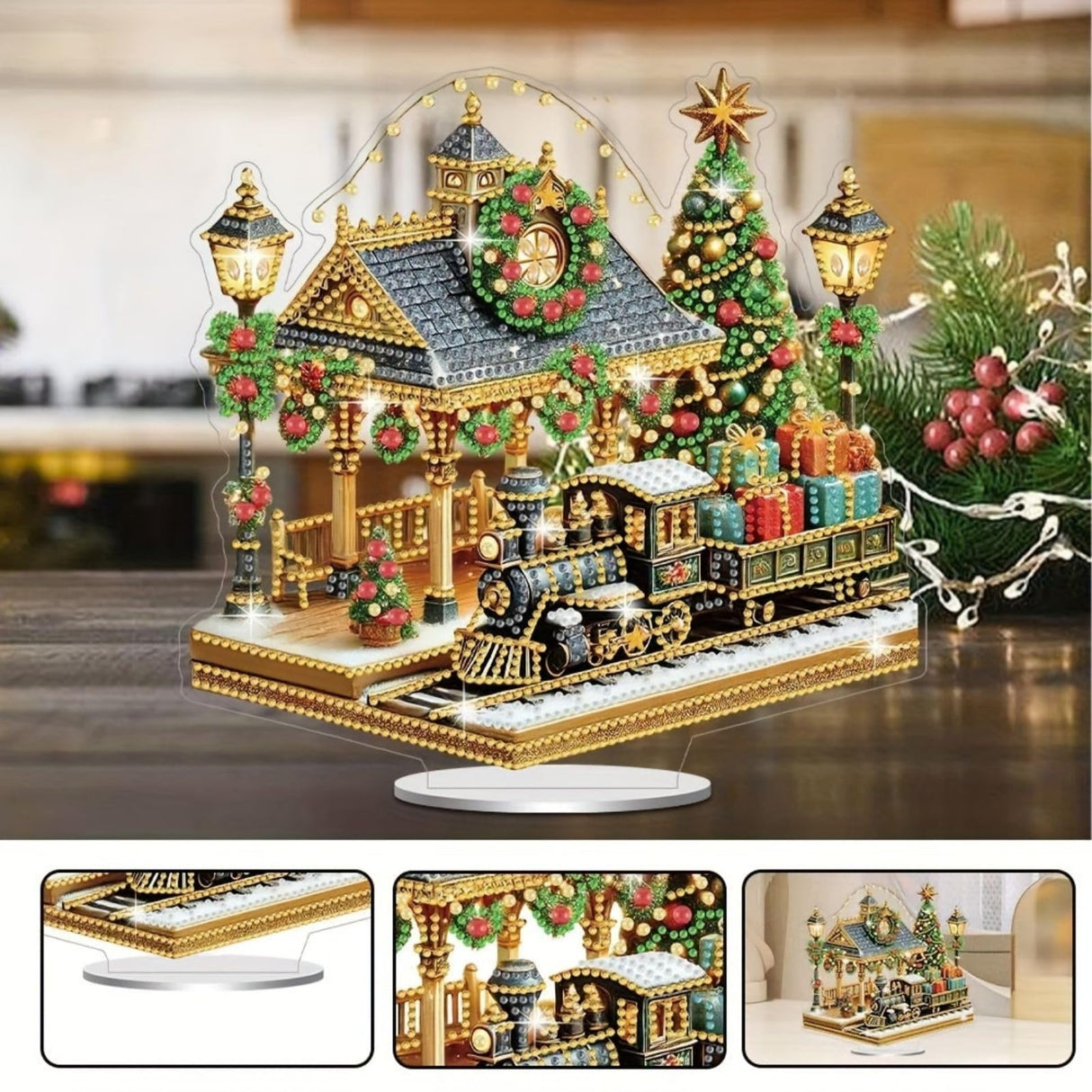 BAYUNOE DIY Diamond Art Painting Desktop Ornament Christmas Special Shaped Crystal Diamond Art Decorated Tabletop Ornaments Handmade Single Sided Diamond Home Decor-Christmas Train Platform BAYUNOE