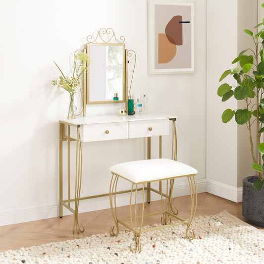 mikibama Victorian Vanity Set with Drawers,Farmhouse Mirrored Makeup Vanity Desk with Stool,Vintage Golden Metal Wooden Vanity Dresser Table with Cushioned Chair for Women,Girls (Golden+Off W - WoodArtSupply