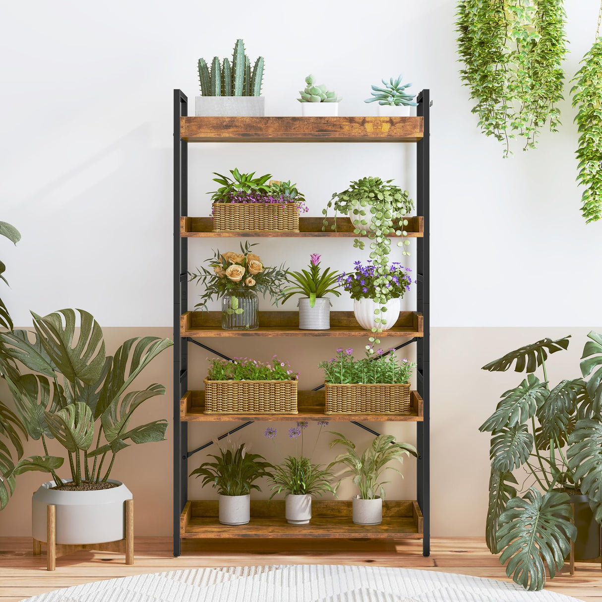 HCHQHS 5 Tier Bookshelf, Adjustable Industrial Bookcase, Vertical Tall Book Shelf, Wood and Black Metal Open Bookshelves for Home Office, Living Room, Bedroom HCHQHS