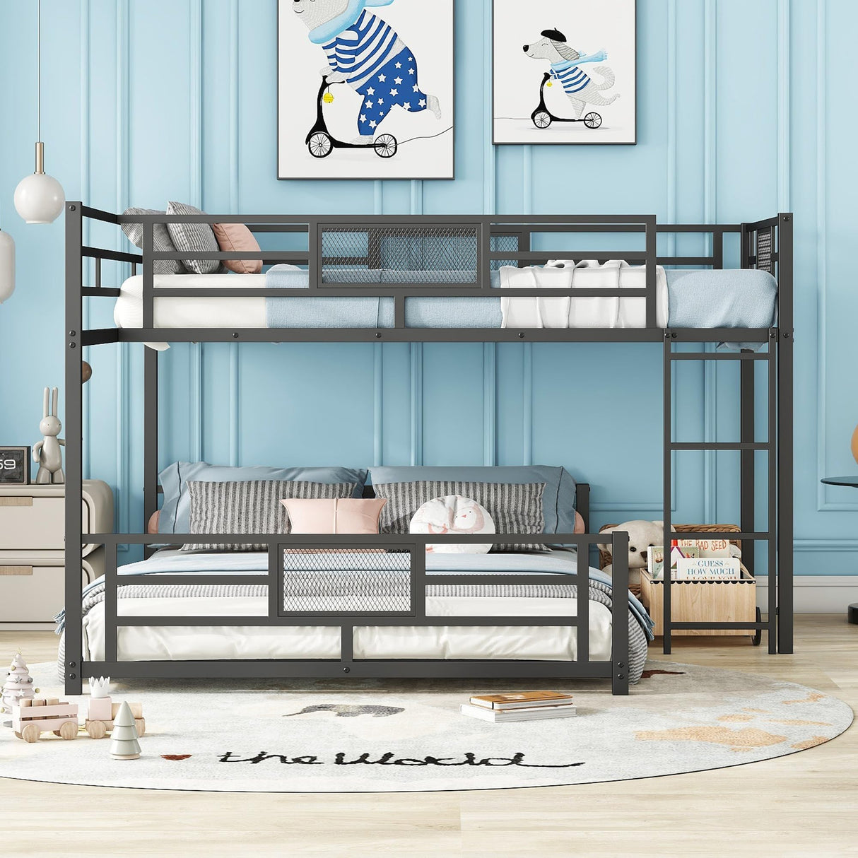 Heavy Duty Bunk Beds Twin Over Full Size, L-Shaped Bunk Bed with Full Length Guardrail and Ladder, No Box Spring Needed, Black Bunk Bed Twin Over Full Bellemave
