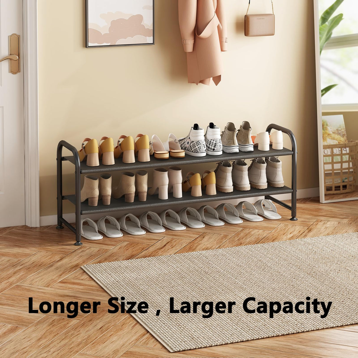 INGIORDAR Shoe Rack 2 Tier Long Storage Organizer Wide Metal Shoe Shelf for Closet Entryway Black INGIORDAR