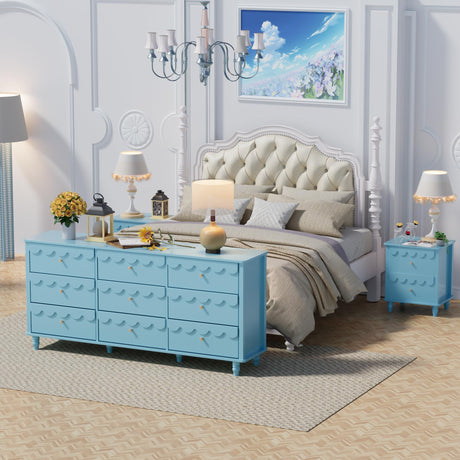 Anbuy Bedroom Set 3 PCS Scalloped 9 Drawer Dresser and Night Stand Sets for Bedroom, Two Drawers Nightstand Set of 2 & Scalloped 9 Drawer Dresser Combo 3 Pieces (Blue) Anbuy