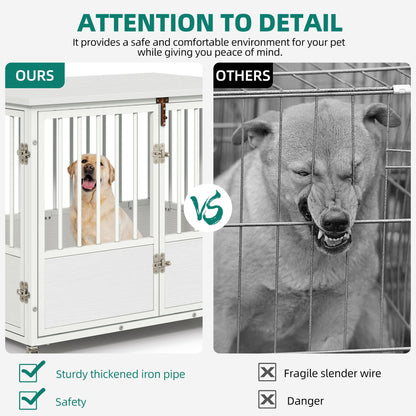 YITAHOME 38" Dog Crate Furniture with Wheels, Heavy Duty Wood Dog Cage Table with Double-Doors Chew-Resistant Wooden Dog Kennel Indoor for Large and Medium Dogs White