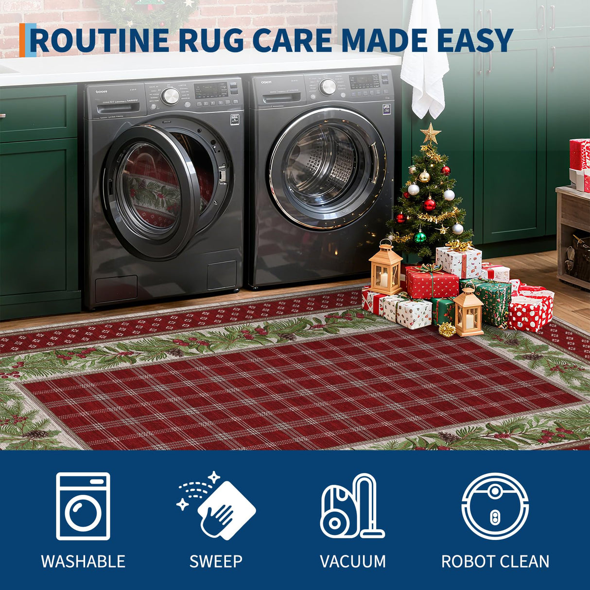GarveeHome 5x7 Christmas Area Rug for Living Room: Machine Washable Christmas Area Rugs for Bedroom with Non-Slip Backing, Living Room Washable Carpet, Soft Low Pile Non-Slip Bedroom Carpet 5*7 ft Red GarveeHome
