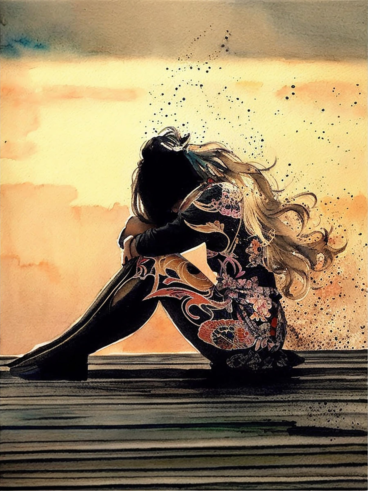 Bimkole 5D Diamond Painting Kits Lonely Sad Woman, Full Drill Beauty Sunset DIY Rhinestone Embroidery Set Paint with Diamonds Art by Number Kits Cross Stitch Home Wall Craft Decoration (12x16inch) Bimkole