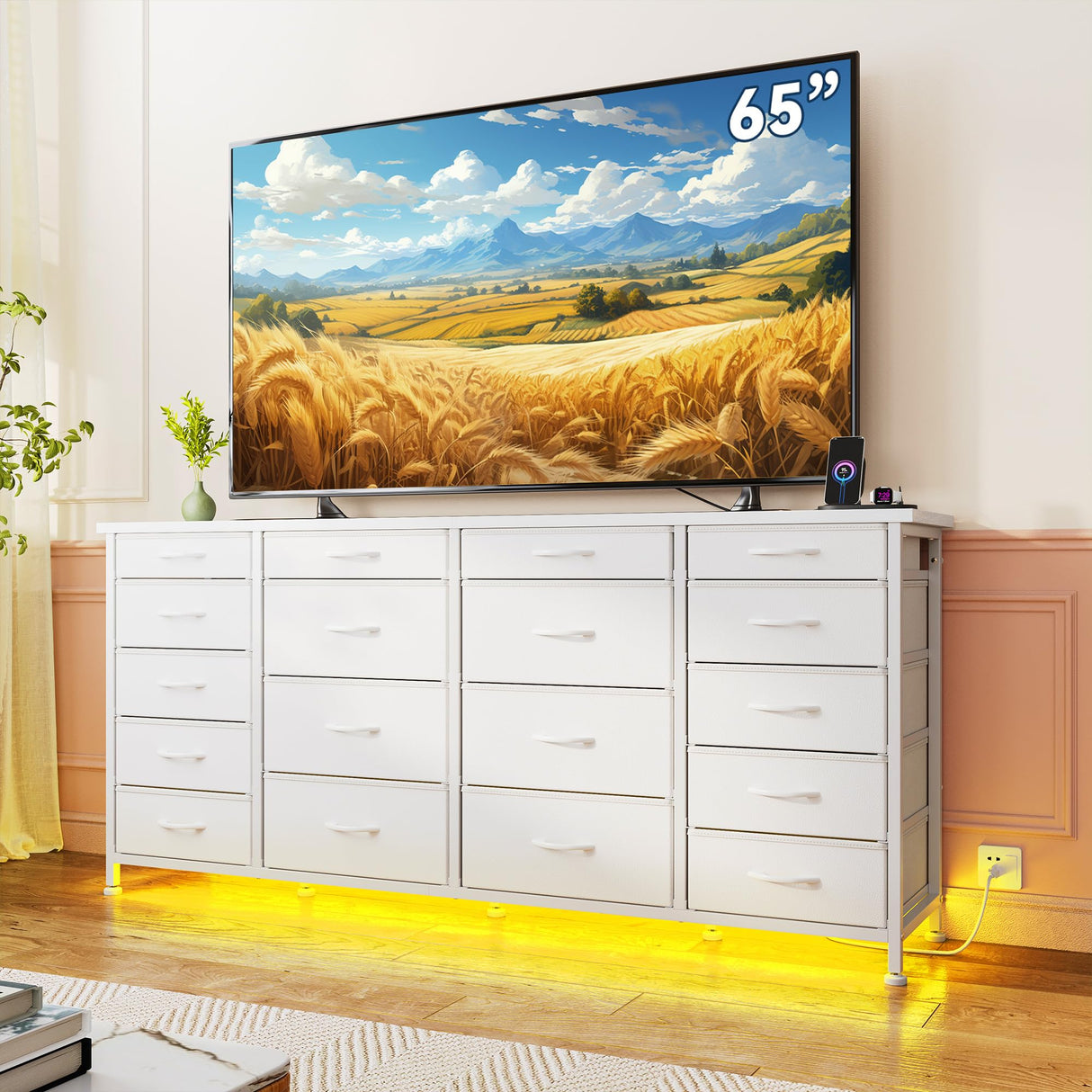 EnHomee 63" W 18 Drawers Dresser with LED Lights & Power Outlets Long Dresser for 65" TV Stand for Bedroom Large Fabric Dressers & Chests of Drawers for Bedroom, Sturdy Metal Frame (White) EnHomee