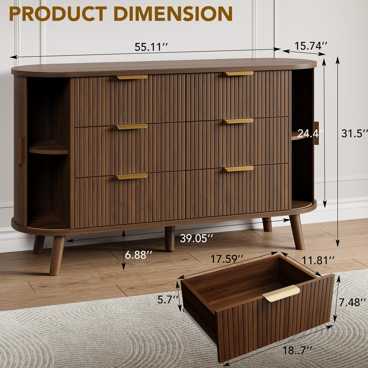 Decofy Fluted 6 Drawers Dresser, 55'' Wide Mid Century Modern Chest of Drawers with Sliding Door & Metal Handles, Curved Profile & Sturdy Legs, Wood TV Stand for Bedroom, Living Room (Walnut) Decofy