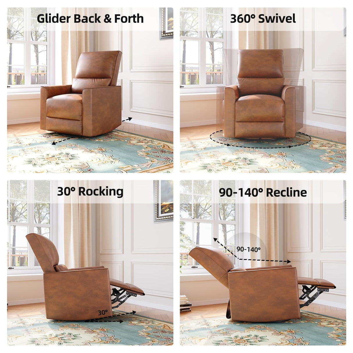 GAOMON Swivel Rocking Recliner Chair, Manual Leather Recliner Glider with Lumbar Support & Padded Armrest, Comfortable Rocker Nursery Single Sofa for Living Room and Bedroom (Brown) GAOMON