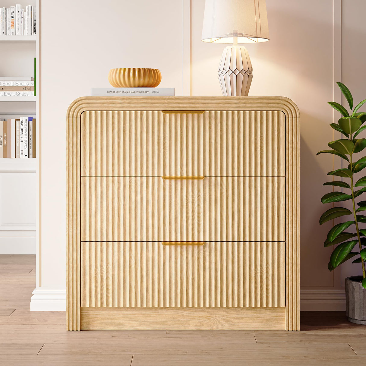 Fluted 3 Drawer Dresser, 31.8'' Tall Dresser for Bedroom, Modern Wood Chest of Drawers with Round Edge & Metal Handle, Large Nightstand with 3 Drawers for Living Room, Hallway, Entryway (Natural Oak) Decofy