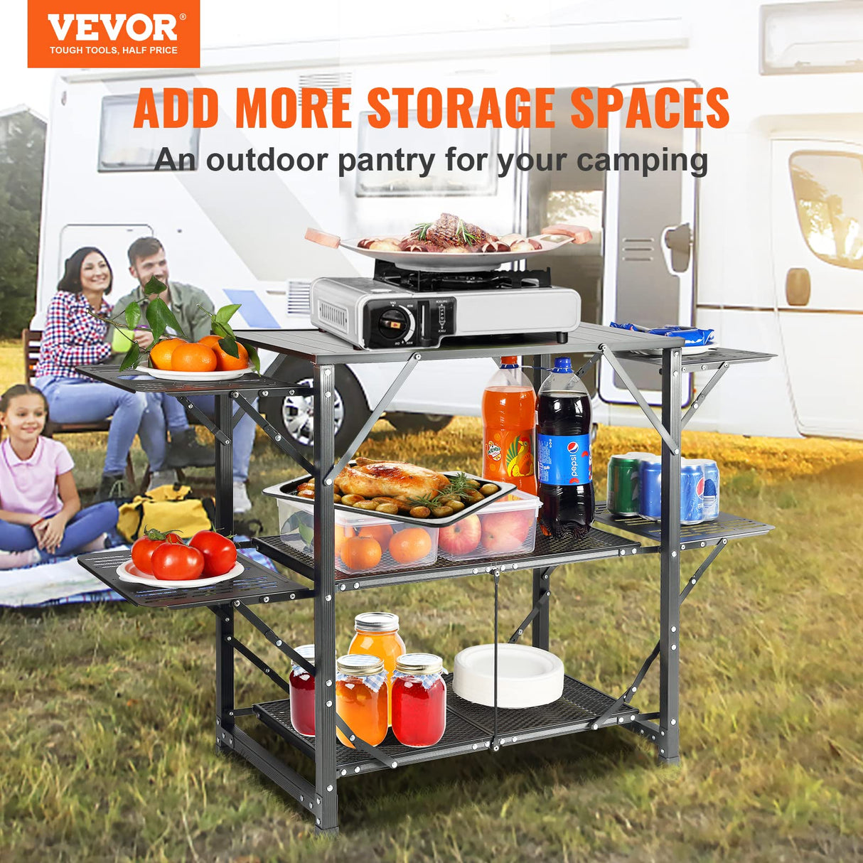 VEVOR Camping Kitchen Table, Aluminum Folding Portable Outdoor Cook Station with 4 Iron Side, 2 Shelves & Carrying Bag, Quick Installation for Picnic BBQ Beach Traveling VEVOR